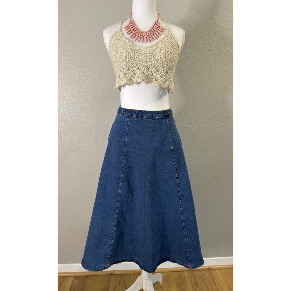 Vintage Violet‎ Boho Western Denim Hi-Low Maxi Skirt Festival Coastal Cowgirl M